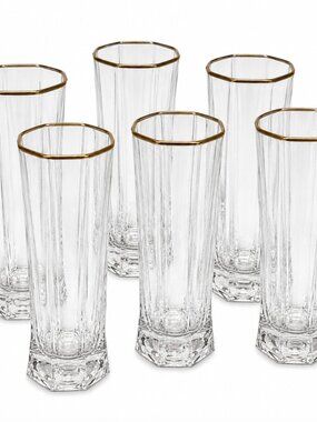 6 Luminarc France Octagon Highball Glasses Gold Rim Vintage Barware Set Clear